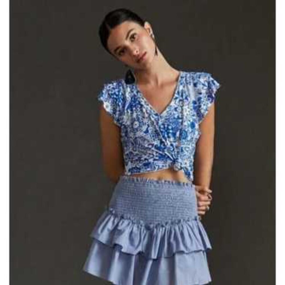 Anthropologie Maeve Blue White Floral Paisley Ruffle‎ Sleeve Top